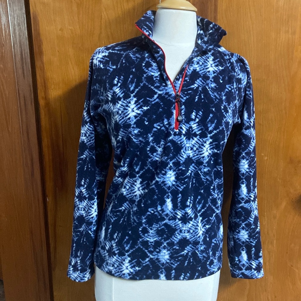Eddie Bauer Fleece Pullover blue tie dyed pattern red zipper collar medium top